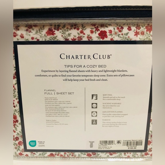 Charter Club Flannel Full Sheet Set 100% Cotton Red Floral New, 4 Pcs - Picture 5 of 8